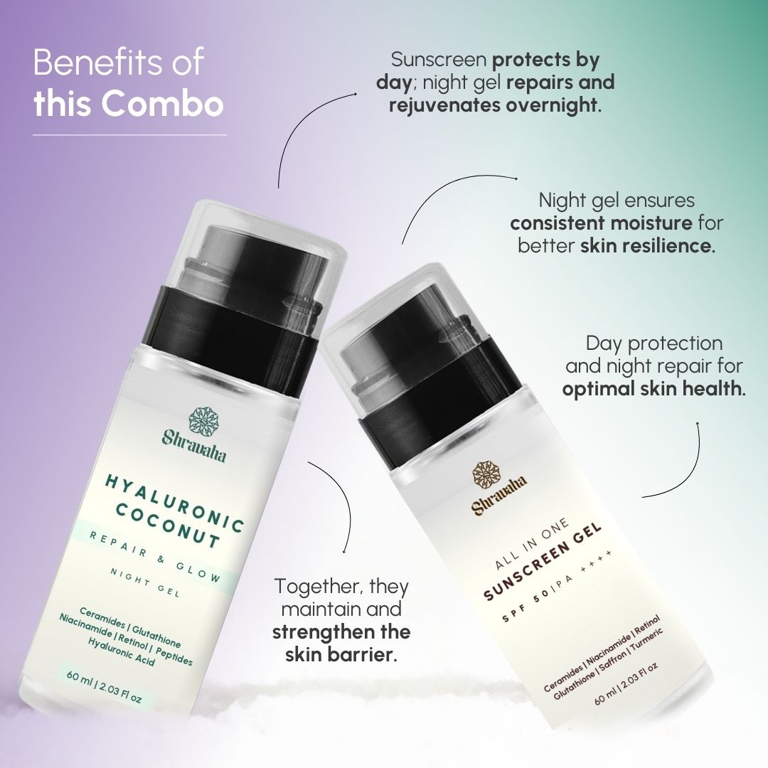 Sunscreen & Hyaluronic Coconut Rice Water Repair and Glow Night Gel: (60&60ml)