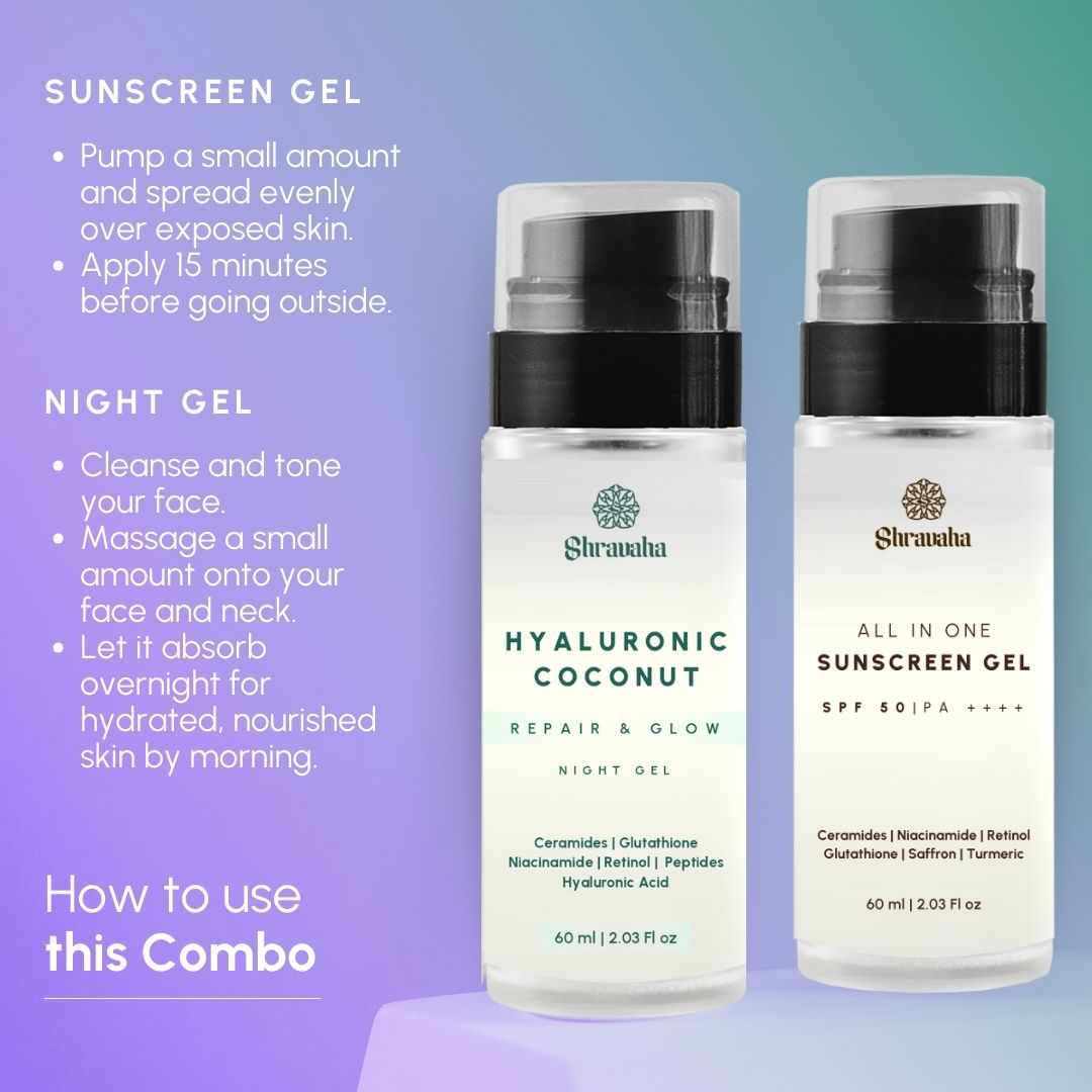 Sunscreen & Hyaluronic Coconut Rice Water Repair and Glow Night Gel: (60&60ml)