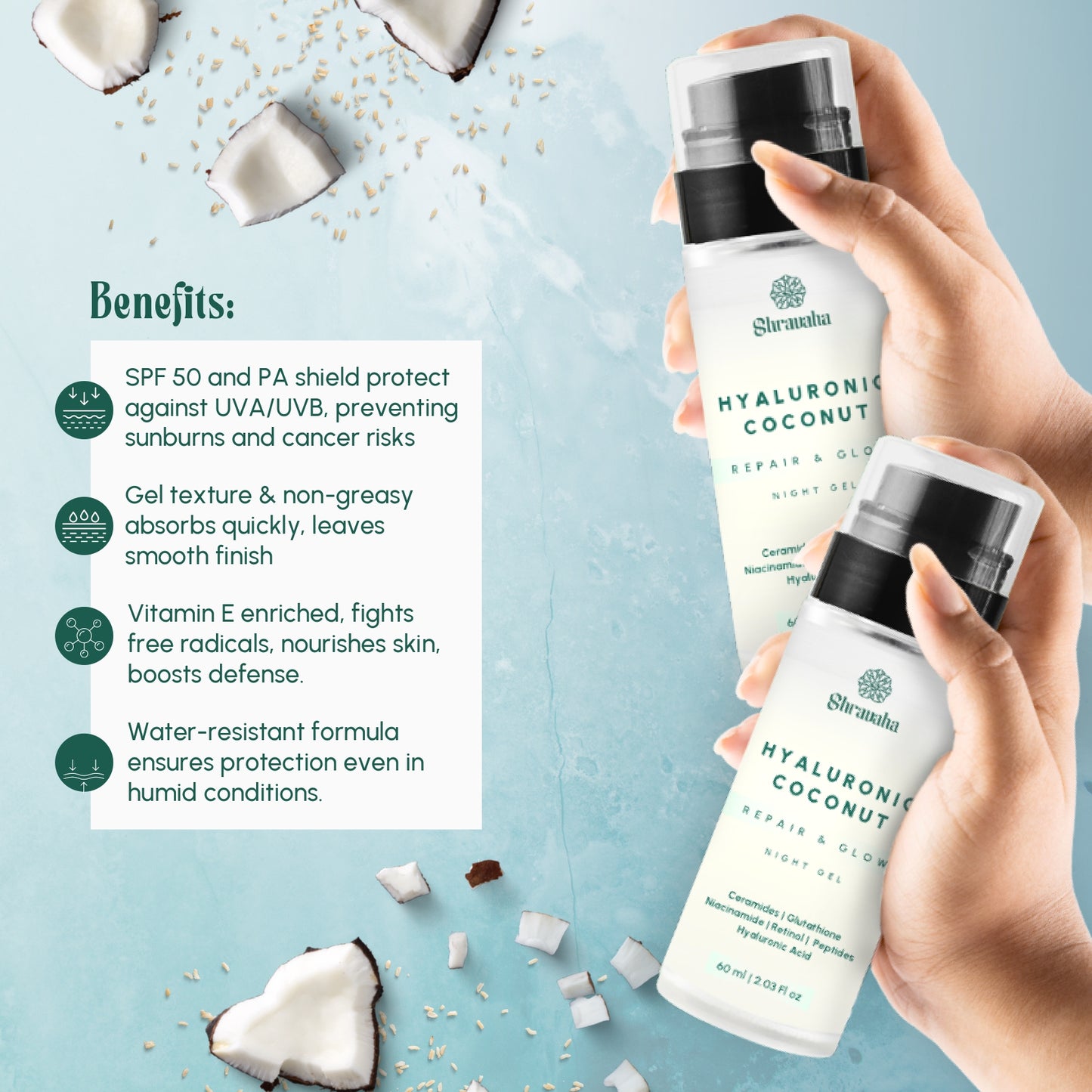 Hyaluronic Coconut Repair & Glow Night Gel Combo - (60& 60ml)