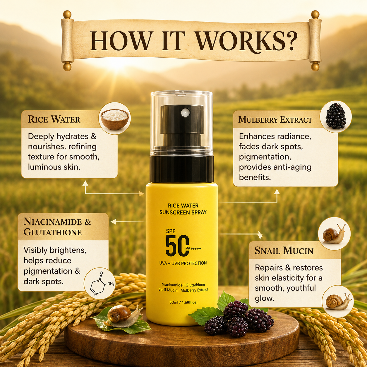 Rice Water Sunscreen Spray SPF 50 PA++++ - Snail Mucin, Glutathione, Mulberry Extract - 50 ml