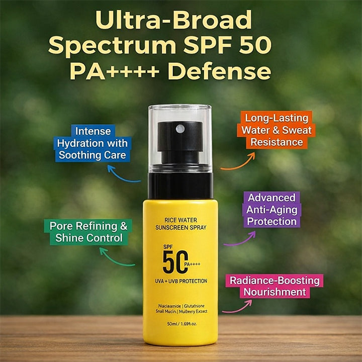 Rice Water Sunscreen Spray SPF 50 PA++++ - Snail Mucin, Glutathione, Mulberry Extract - 50 ml