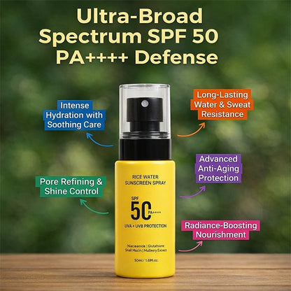 Rice Water Sunscreen Spray SPF 50 PA++++ - Snail Mucin, Glutathione, Mulberry Extract - 50 ml