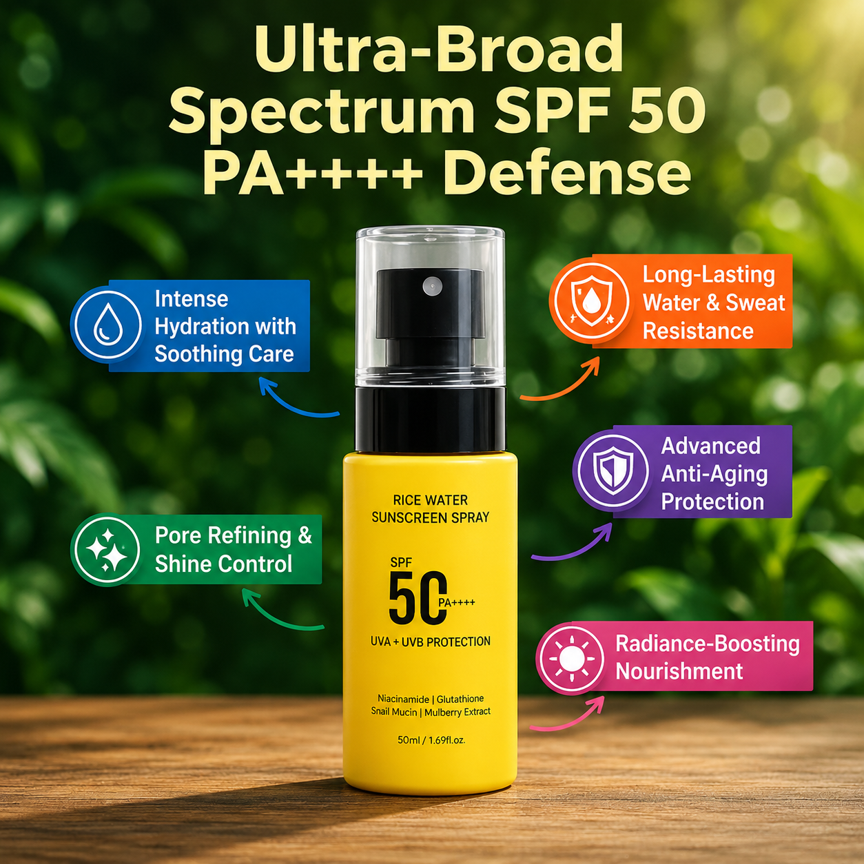 Rice Water Sunscreen Spray SPF 50 PA++++ - Snail Mucin, Glutathione, Mulberry Extract - 50 ml