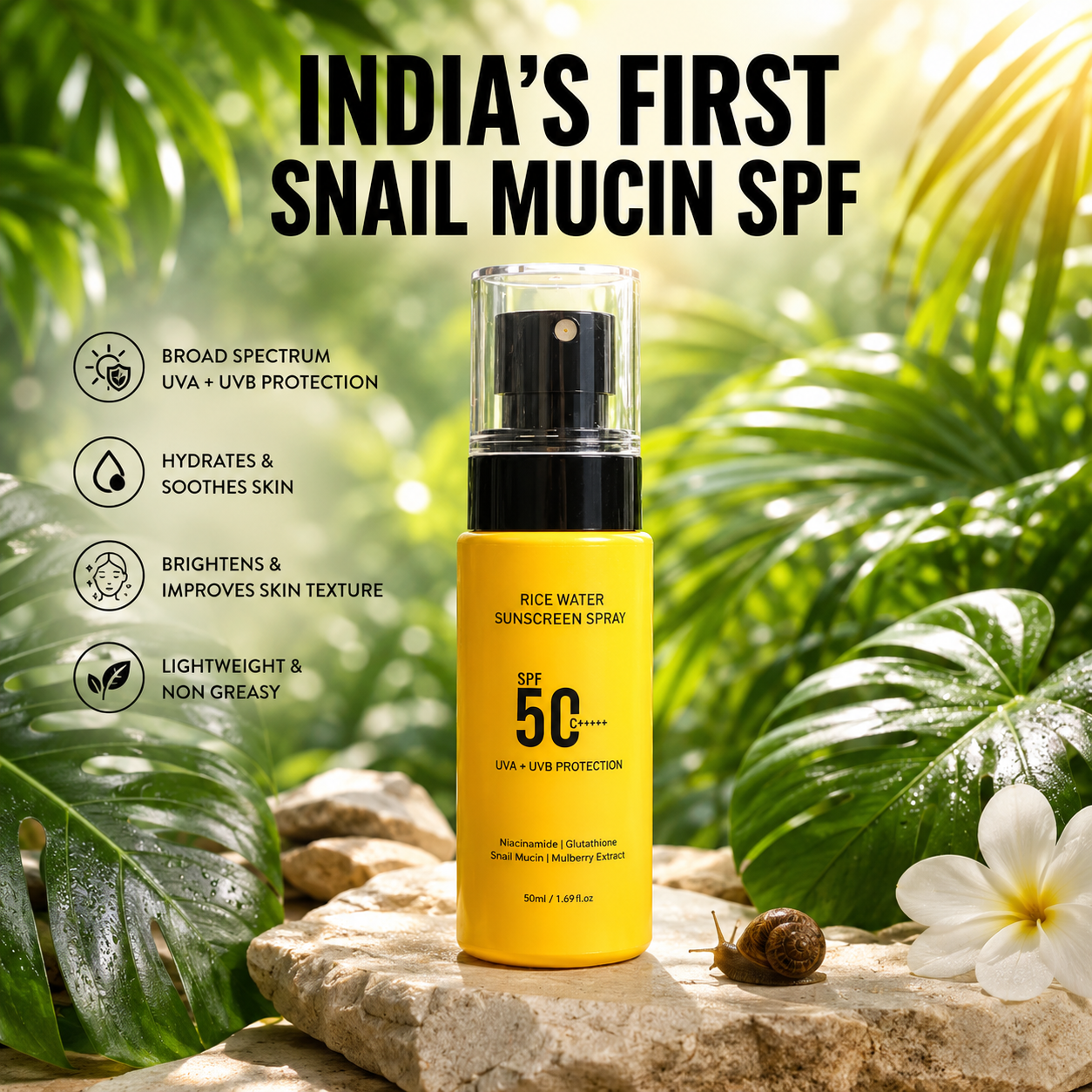 Rice Water Sunscreen Spray SPF 50 PA++++ - Snail Mucin, Glutathione, Mulberry Extract - 50 ml